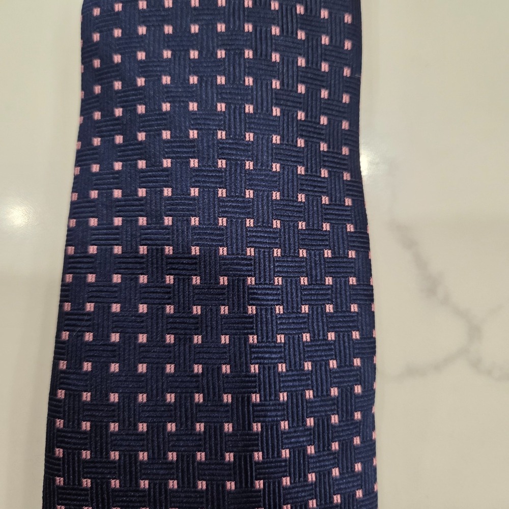 Mens T.M. Lewin Blue & Pink Geometric Pure Silk Tie Classic Handmade Necktie